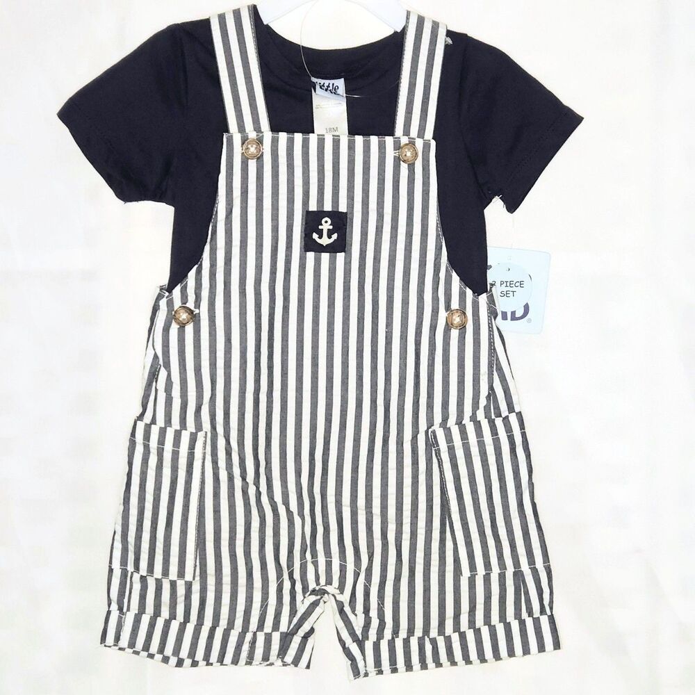 LITTLE LAD Romper Set Baby Boy Blue/White Stripe Nautical Size 18 Months NEW NWT
